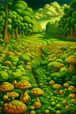 A lime green field filled with mushrooms painted by Thomas Hart Benton