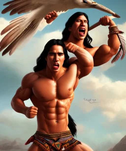 native american warrior, long black hair, big muscles, face up, mouth wide open, scream face, shirtless, looking to the sky