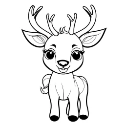 A black and white cute drawing of a Reindeer. Only outline, white background,for kids. The illustration should be in [SUPER SIMPLE], black and white, bold line art with a clear, mostly empty background. [INCLUDES ONLY OUTLINES WITH NO FILLED IN BLACK AREAS], ensuring no shading, no complex images, and making it very easy to color in between the lines.