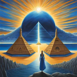 centered an extraordinary view of an otherworldly alien dark blue pyramid palace with a large sun symbol on top of it, surrounded by ocean, a queen of an otherworldly extraterrestrial race is standing in the foreground looking at her land, intricate airbrush art, pencil sketch, crisp quality, award winning masterpiece