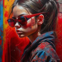 close up, full color painting of squatting cyberpunk girl, sunglasses, high heel shoes, perfect hourglass figure, (((Graffiti art) (by Carne Griffiths))), red wall background, insane details, intricat Modifiers: highly detailed Award winning photography fantasy 8k photorealistic beautiful poster award winning imperial colors fantastic view ultra detailed 4K 3D colourful very cute cinematic postprocessing acrylic art Craig Rutkowski