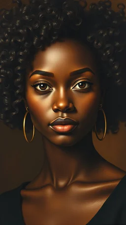 grant wood painting style , a portrait of a beautiful black woman with curly hair , front view with dark brown side lighting background, ultra high quality with ceramic lighting