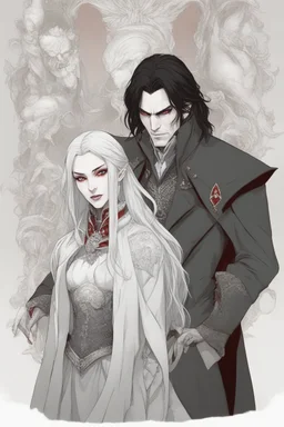 Vampire count Strahd Von Zarovich has long black hair and red eyes, with a woman with white hair