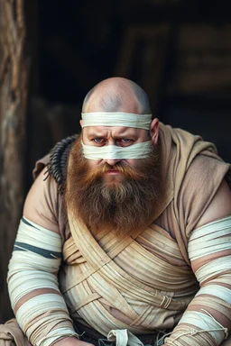 a very sad hurt swedish viking fat man with beard, he is covered all the body with bandage and are in deep pain, bandage all over him, cripple