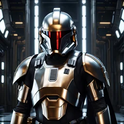 star wars bald male corellian pilot wearing pearlescent black and gunmetal grey First Order special forces heavy assault armor and helmet with gold trim inside the jedi temple, centered portrait, hyperdetailed, dynamic lighting, hyperdetailed background, 8k resolution, volumetric lighting, light skin, fully symmetric details