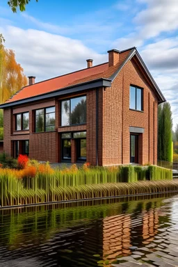 a two storey house next to a lake made from bricks and sloped roof, terrace in front