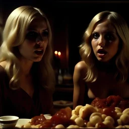 Horror movie shot, hot party, die, ultra realistic, dine, pastel, ultra chaos, realistic hot blonde women, pieces of meat, monster, horn, satanism, pieces of organs, light, 1970's Italian horror movie, sinister, Dario Argento, Stanley Kubrik, ornate, 4k, photorealism