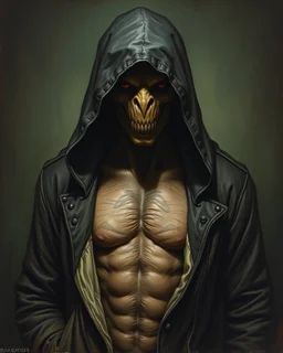 Bosch painting style , a dark hooded creature open his jacket showing his chest