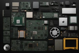 knolling computer parts on black background , seamsless tile