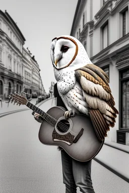 One single mature barn owl, playing guitar in the street , Vienna, friendly, model style, hyper realistic, extremely accurate, delicate, extremely detailed, Graphic novel style, wide-angle, open aperture, superfine pencil