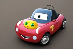 whimsical cartoon car with big eyes and its front grill forming a friendly smile, with a mouse character riding on it.