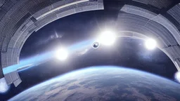 circular, tube, space station over a planet, photorealism