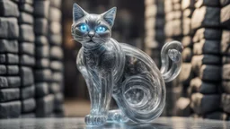 giger escher cat angel sculpture in transparent murano glass in front of stone wall,bokeh like f/0.8, tilt-shift lens 8k, high detail, smooth render, down-light, unreal engine,bokeh like f/0.8, tilt-shift lens 8k, high detail, smooth render, down-light, unreal engine