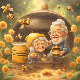 Happiness grandma and grandpa are healthy in a planet of honey stingless bee, realistic