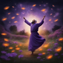 Hyper Realistic Sufi Whirling with Purple & Orange Islamic Sufi Rustic Grungy in a beautiful flower garden at dark night with fireflies & starts on sky