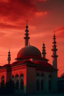 gambar masjid aestetik dengan pemandangan langit merah sore