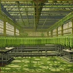 An olive green factory with goo designed in Navajo woven art painted by Claude Monet