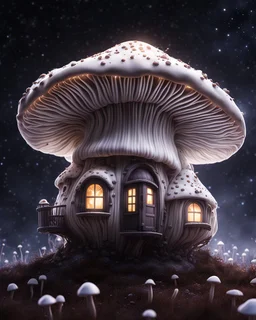 An illogically floating mushroom house on a clear night. white and white and white, Stars Dark cosmic interstellar. Detailed Matte Painting, deep color, fantastical, intricate detail, splash screen, hyperdetailed, insane depth, concept art, 8k resolution, trending on Artstation, Unreal Engine 5, color depth, backlit, splash art, dramatic, High Quality Whimsical Fun Imaginative Bubbly, perfect composition