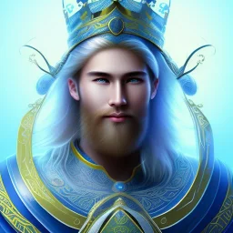 magnifique bel homme asiatique souriant ,yeux bleus,avec vetement et couronne celtique,cheveux blonds, fond bleu clair