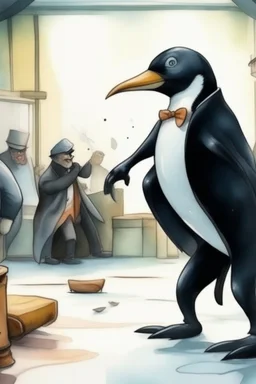 a penguin is an angry boss in a factory, atacking people with money. watercolor. fight, mortalkombat.