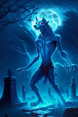 a very thin male glowing blue ethereal bipedal wolf with claws and red eyes in a graveyard at night during a thunderstorm