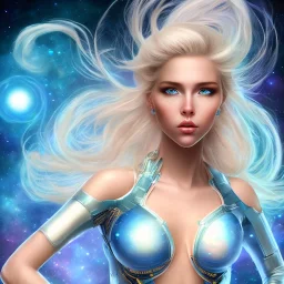 A beautiful portrait of a young galactic woman blonde hair with a little clear helmet in a galactic suit in cosmos blue