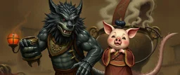bad hairy chest wolf dragon kobold carrying a lovely scared wtf are you up to, chinese pig girl with dress under his arms, big cauldron in the background in the style of escher