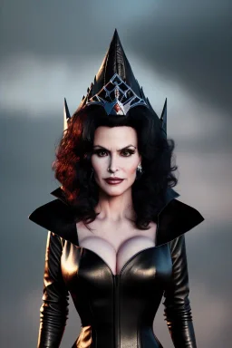 portrait of lisa ann as evil queen in black leather gown, leather, angry, stern look, volumetric lighting, particales,highly detailed,cinematic, deep colours,8