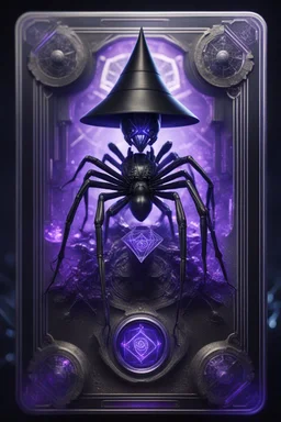 sacred geometry framed playing card, black, blue and purple drum set spider ant Android priestess cyber in witch hat shadows boss card in the style of Giger and fallout 4 ,bokeh like f/0.8, tilt-shift lens 8k, high detail, smooth render, down-light, unreal engine