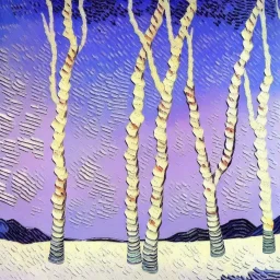 impasto painting of birch tree in snow by van gogh pink sky