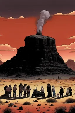 giant black rock with pepe on the top smoking in the desert with small people around n the style of Hiroshi Nagai