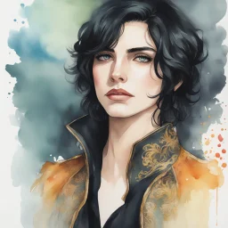 a headshot of an androgynous person with shoulder length black hair and ((heterochronic eyes)), intricately detailed, watercolor splash art