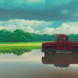 hyperrealistic shot, off-road truck, speeding, earth color palette, sharp focus, puddle reflection, tire water splash, refraction, rain and lightning on the horizon, shadowcast, detailed and intricate, cinematic composition, tilt shift photography