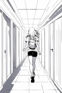 blonde girl runs in a corridor, back view, line arts, manga style