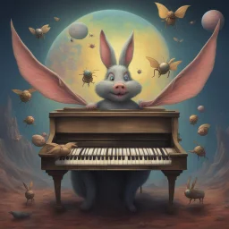 bugs bunny composer piano, diffrent planet, one swine pig piggy flying wasp angel, beksinski style daker theme