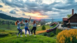 a group of young ladies in sports pants and blouse are dancing to camera in village over high grassy hills,a small fall and river and wild flowers at river sides, trees houses ,next to Ripe wheat ready for harvest farm,windmill ,a pretty train is arriving to station along river,a few village local shops ,cloudy sun set sky