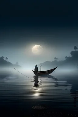 A calm sea surrounded by mystical fog, under the moonlight with a scenic landscape background A man, wearing a traditional longyi, standing on a small wooden boat, both hands holding on to a long wooden pole, steering the boat. Image quality: high resolution, uhd 4K