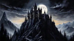 acrylic illustration, acrylic paint, oily sketch, a dark tall and gothic vampire castle sits atop a creepy mountain spire, moonlit, night, masterpiece, 8k, award winning, high quality, best quality, cinematic, extremely detailed, intense lighting, epic,