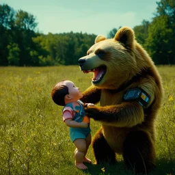 Cyborg bear playing with a laughing real human baby in a sunny field, Cinematic still, film grain, vignette, color graded, post-processed, cinematic lighting, best quality, atmospheric, a masterpiece, epic, stunning, dramatic