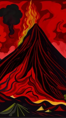 A dark red pyroclastic volcano with swirling fire painted by Stuart Davis
