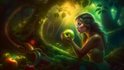 Masterpiece, Fairytale Atmosphere, Haze, Textured Oil Painting with Visible Brushstrokes, Eve in Leafy Clothing in the Garden of Eden Reaches for an Apple, A Serpent Perched on an Apple Tree Branch, Detailed and Effective Lighting Creates a Magical, Fairytale Picture. Detailed and Effective Lighting Creates a Magical, Fairytale Image. Realistic, Volumetric Lighting, Mixed Media, Surreal Futuristic Portrait, Glow, Textured, 3D, 8K, Best Quality, Fine Art, High Detail, Hyperrealism, High Resolutio
