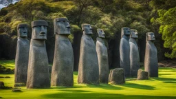 calm beauty, fantasy, magic, splendor, uplifting, inspiring, therapeutic, Easter Island stone statues with faces, springtime, sunlight, chiaroscuro, color, award-winning colour photograph, Nikon 135mm