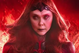 Mulher, feiticeira escarlate, rosto da atriz elizabeth olsen, rosto de wanda maximoff, cabelos ruivos, muito brava, wanda Marvel, expressão de raiva, 4k render, vilã, voando, imagem de longe, manipulando magia, raiva, corpo inteiro, olhos marcantes, mãos atirando magia do caos vermelha, cidade de destruição, cores frias, cinematográfico, dramático. Traje da wanda inspirado no filme doutor estranho no multverso da loucura da marvel