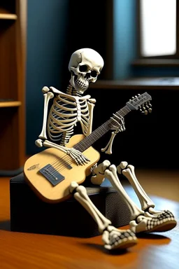 Skeleton standing up ina Coffin, Hugging A guitar