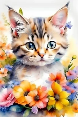Beautiful kitten with flowers watercolors