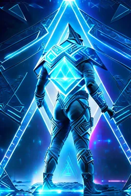 neon blue, floating triangle of light orbiting behind the back, cyber armor, geometric patterns on armor, male, orbiting triangle