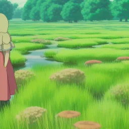 A grass type Pokemon walking through a field of tall and small mushrooms, tiny, made of plants, creature