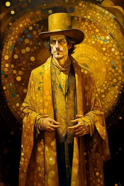 beautiful painting of a extremely handsome man in a golden cape and yellow hat, with multiple eyes on his body in the style of Gustav Klimt. full body portrait features geometric shapes, beautiful colors, golden light, and a dark background. the composition is beautiful, with sharp focus and high resolution.