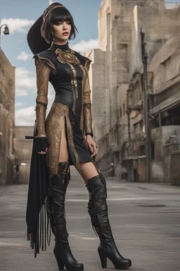 full-body-art of a woman with a bob with a fringe hairstyle, Cleopatra clothing, black knee-high boots, steampunk city background