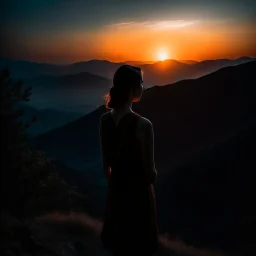 dark night, watching a woman from behind wearing a sleeveless dress who is watching a beautiful orange sunrise in the distance, mountains and forests around